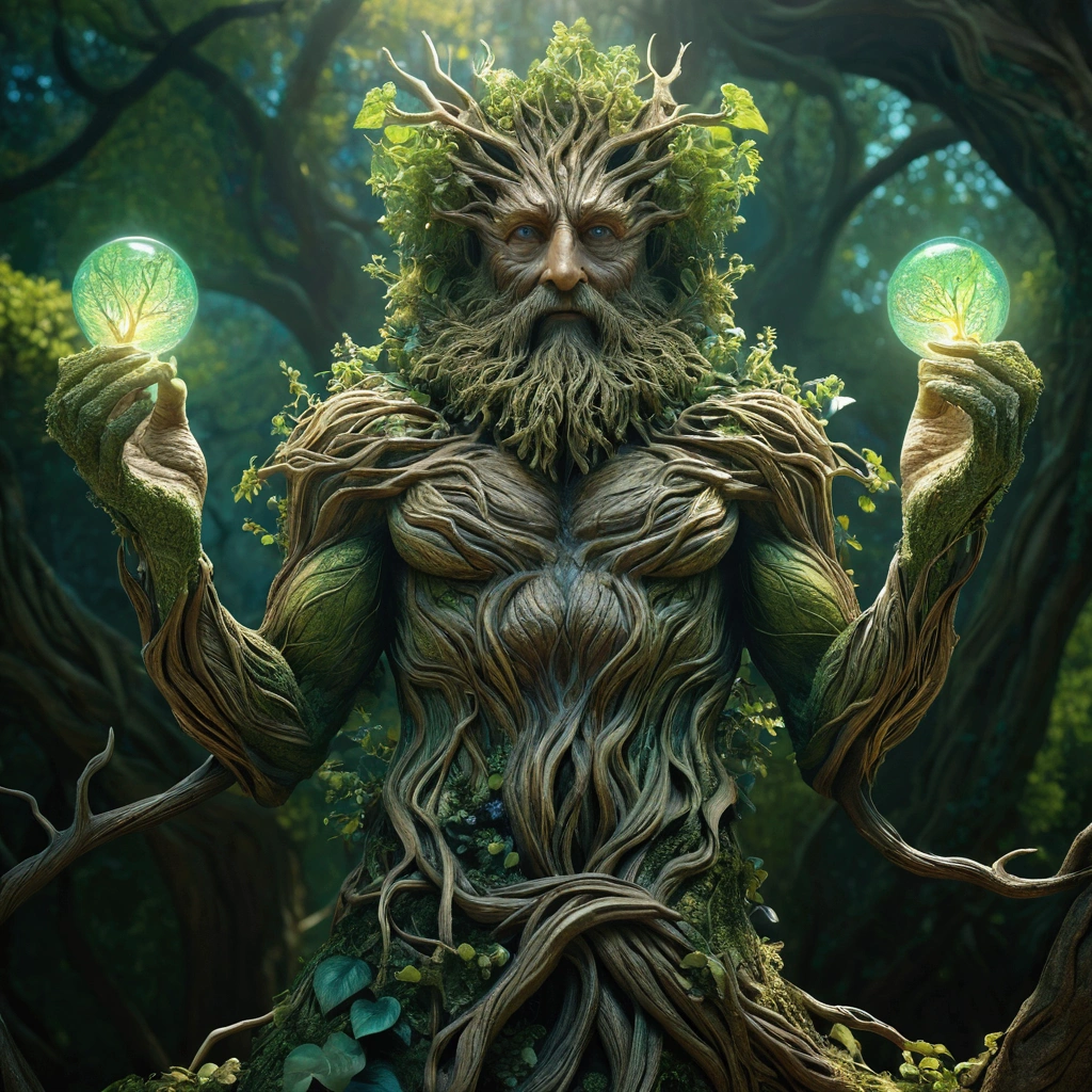 a magical treebeard using nature's power to heal, art nouveau style, ultra-detailed, 8k, highly realistic, dramatic lighting, vivid colors, intricate patterns, organic textures, ethereal atmosphere, fantasy, lush vegetation, glowing magical energy, radiant colors, dramatic shadows and highlights, masterpiece