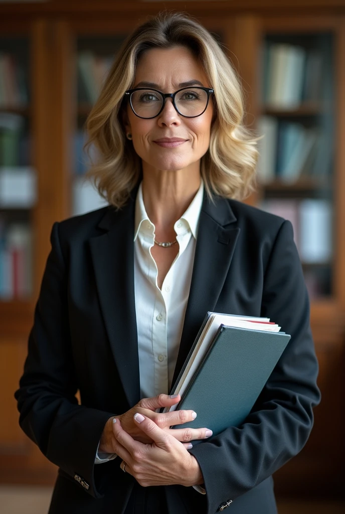 female university professor , with glasses, standing , with eyes forward, notebooks in hand