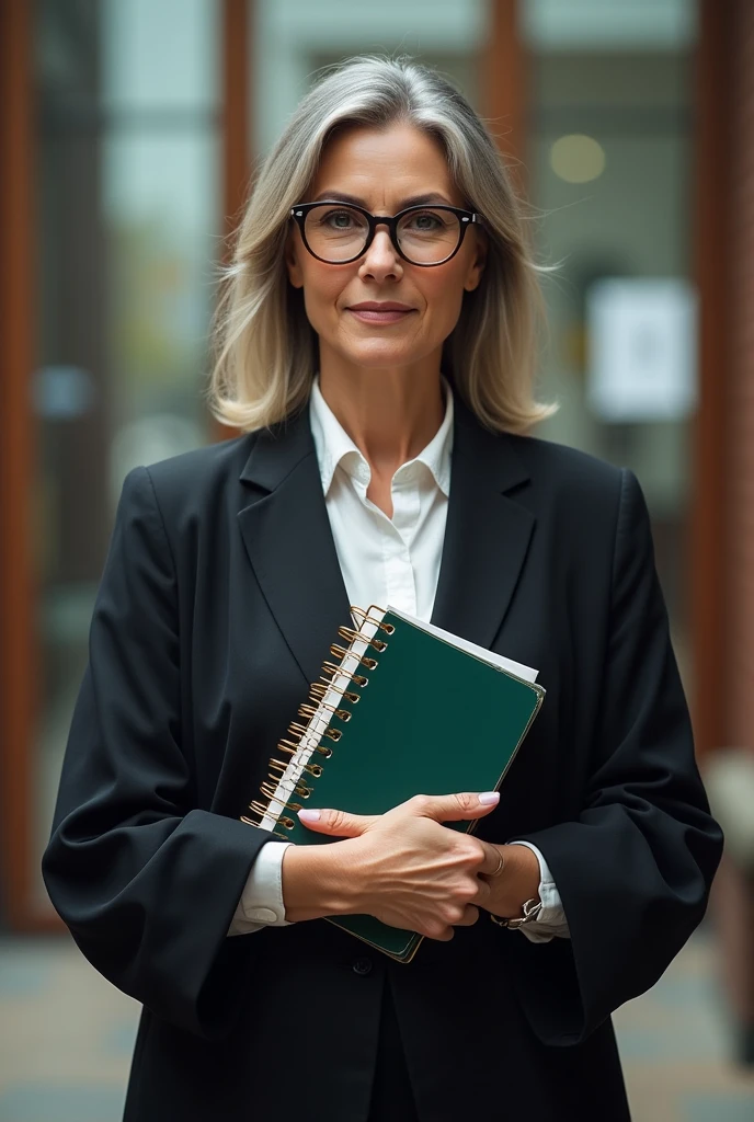 female university professor , with glasses, standing , with eyes forward, notebooks in hand
