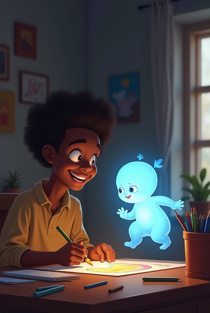 a black man at a table drawing with a smile as he child looks at him in the form of a blue ghost