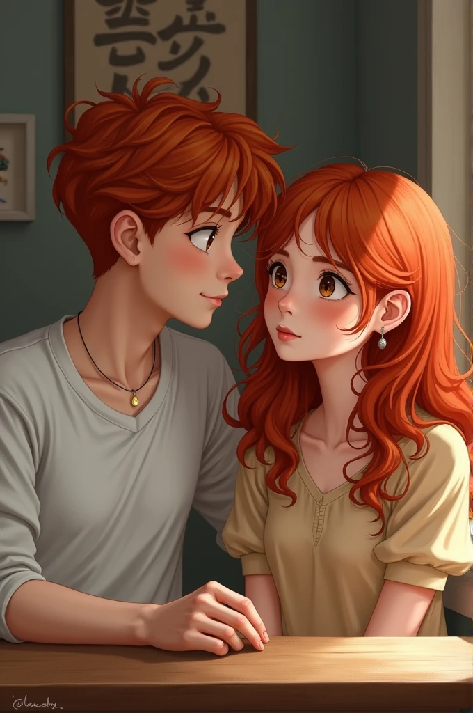 Create an image of a 15 year old boy who is ugly, Her hair is red, smooth and pulled to the side, he is extremely white, half japanese. Make him at a table next to a red-haired girl with curly hair, she loves him