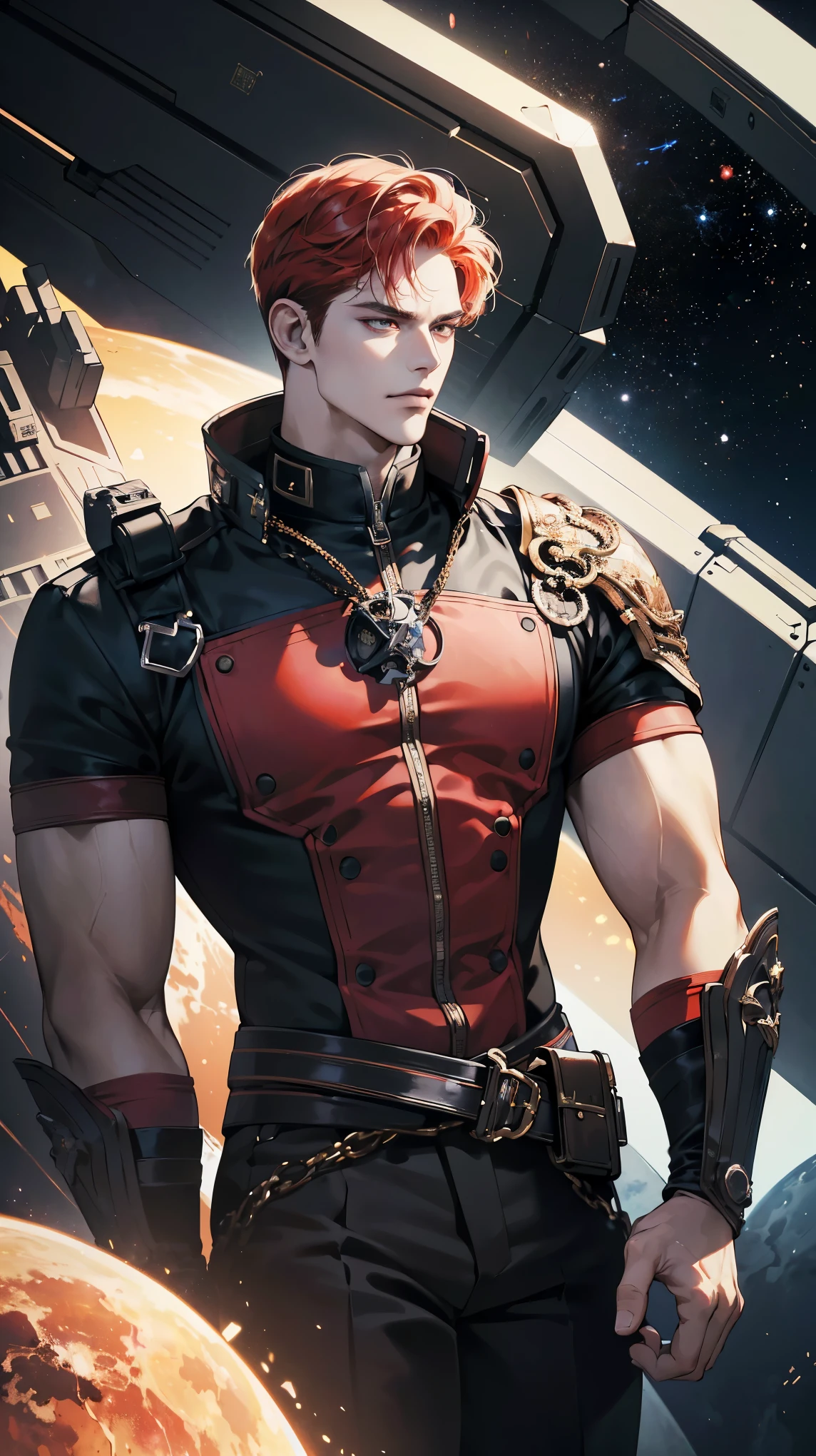 {(best quality, 8k, masterpiece, HDR, soft lighting, perfect image, digital illustration, manhwa art, hyper detailed image, perfect lines, realistic)} 1 very handsome man, short red hair, bright white eyes, black space pirate clothing, intimidating, 1 metal arm, (imposing posture, smirking expression), {(space background inside spaceship)}