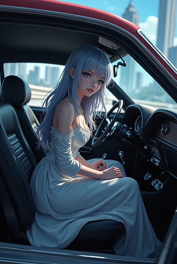 Elizabeth from the 7 deadly sins with great features in a 69 Ford Mustang do it as a drawing
