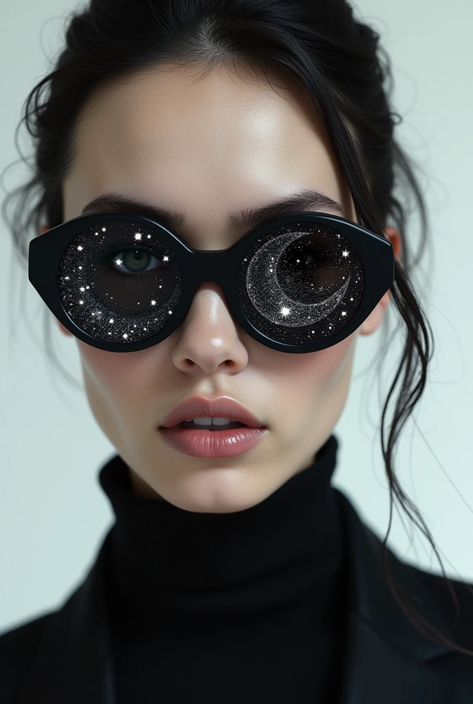 The model is wearing glass sunglasses with stars and the moon on the glass