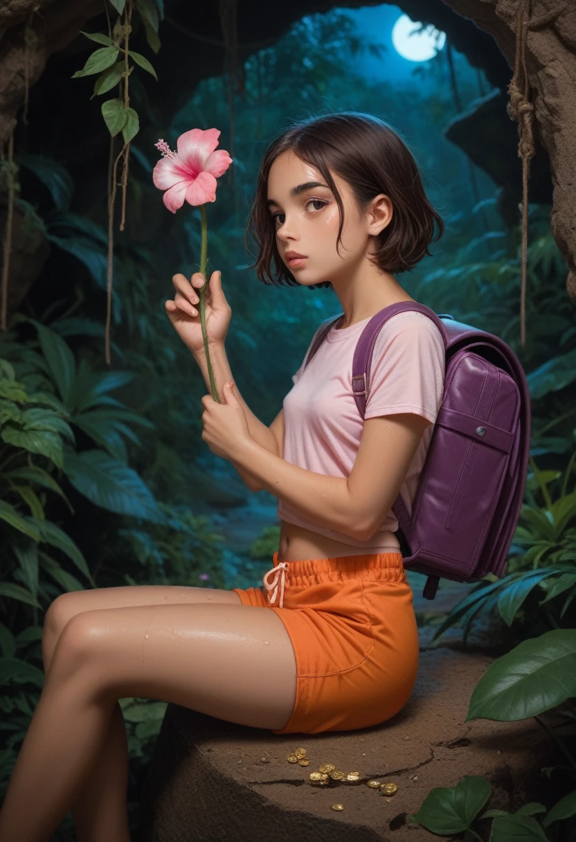 15 year old latino girl in a dark jungle, brunette, short hair, pink t-shirt, orange shorts, purple backpack, sweaty, small breasts, small ass, short girl, sitting in front of treasure, holding a pink shining flower, night time, smelling at the shiny stone 
