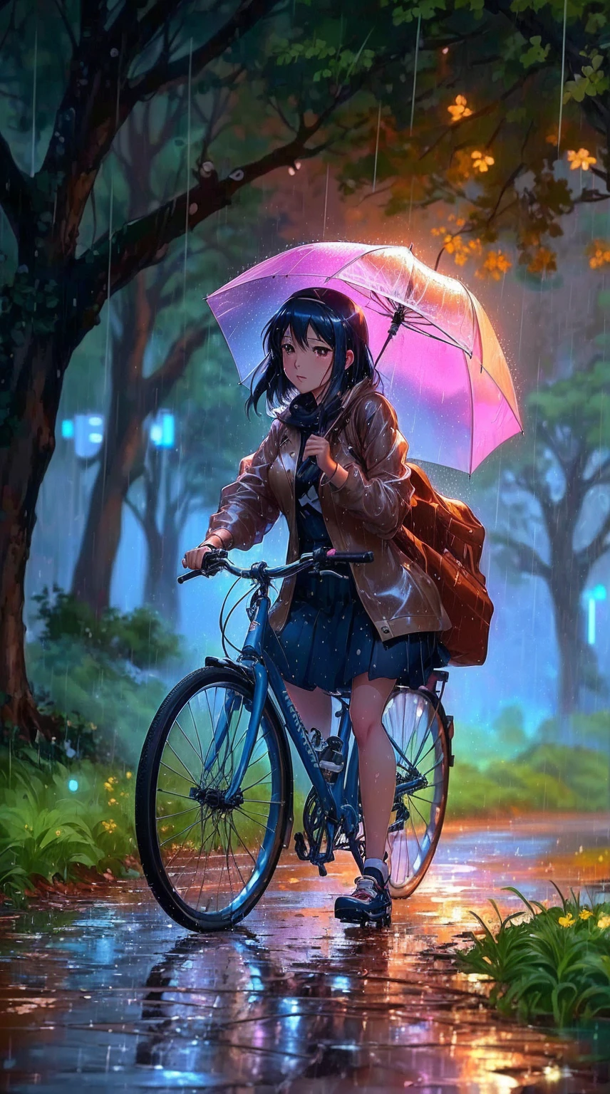 anime girl riding a bike in the rain with an umbrella, anime art wallpaper 4k, anime art wallpaper 4 k, anime wallpaper 4k, anime wallpaper 4 k, anime art wallpaper 8 k, 4k anime wallpaper, raining, anime picture, anime style 4 k, anime visual of a cute girl, anime style. 8k, makoto shinkai cyril rolando