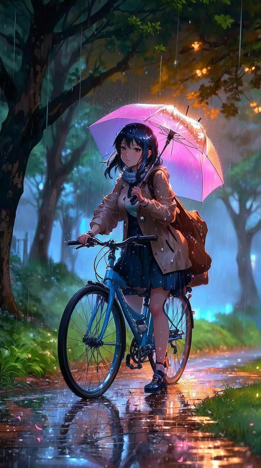 anime girl riding a bike in the rain with an umbrella, anime art wallpaper 4k, anime art wallpaper 4 k, anime wallpaper 4k, anime wallpaper 4 k, anime art wallpaper 8 k, 4k anime wallpaper, raining, anime picture, anime style 4 k, anime visual of a cute girl, anime style. 8k, makoto shinkai cyril rolando