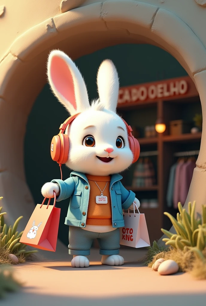 an image of a white male rabbit, with headphones coming out of a hole with shopping bags dressed in clothes, a sign at the entrance of the hole as if it were a store written "TOCA DO COELHO" image for creating a digital store