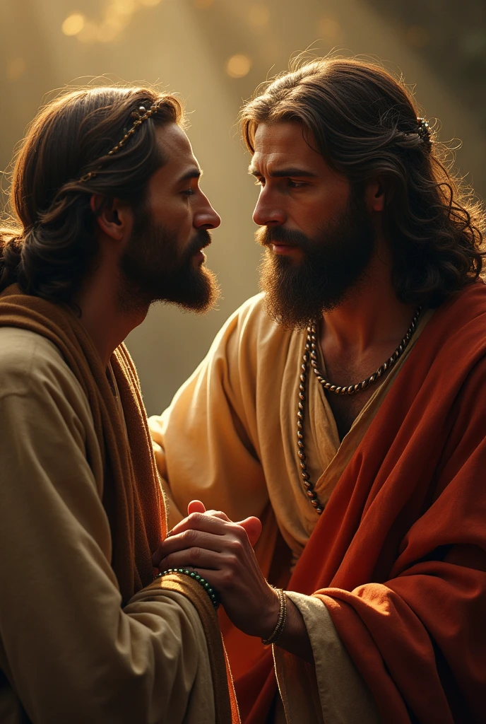 ((best quality)), ((masterpiece)), (detailed), perfect face
Bartimeu, taken to Jesus, is on his knees before him. Jesus looks with compassion at the blind man and calmly asks