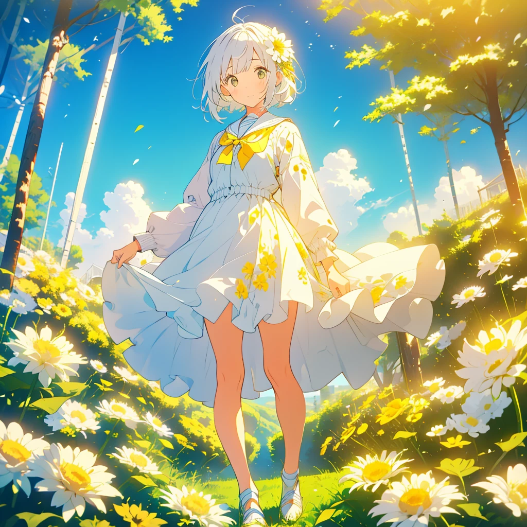 A girl stands on a hill with tiny white chrysanthemums with yellow centers at her feet、foreign country、Detailed facial expressions