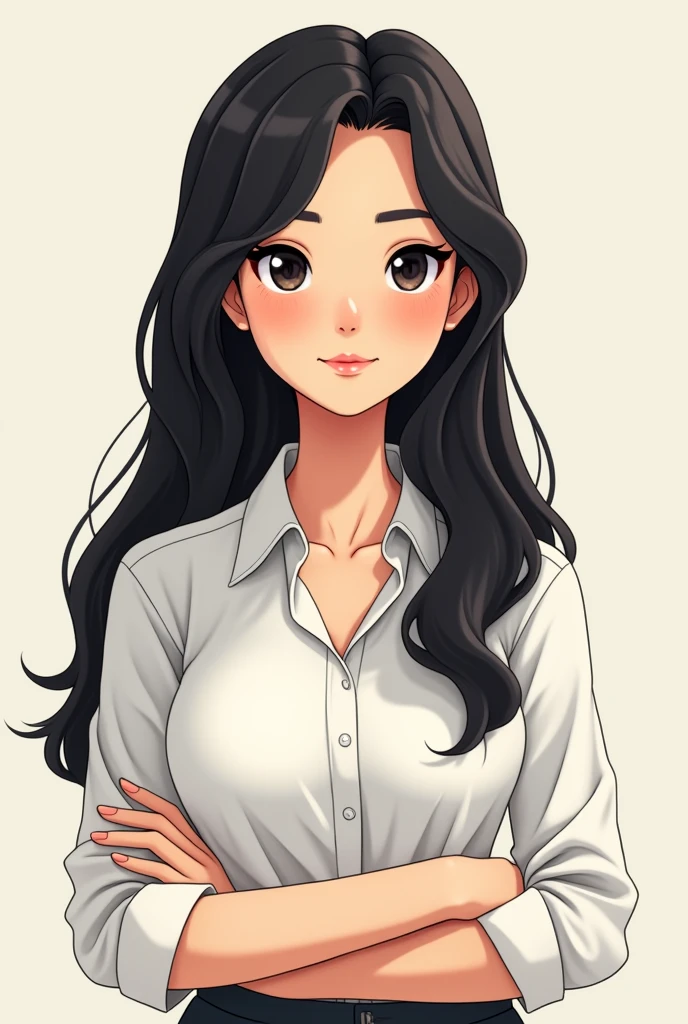 Cartoon of a woman with long straight black hair, black eyes, broad nose, round face, weighing about 55 kilos, light skin color, that she is a teacher and stands without any frills 