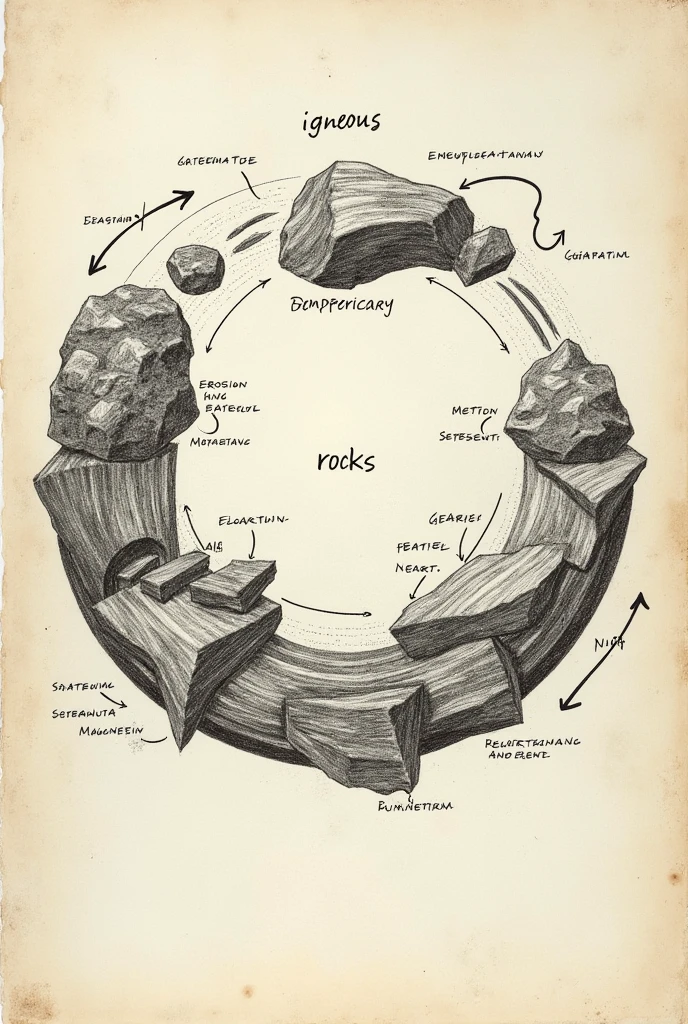 Draw a hand-drawn diagram of the rock cycle, including:

Igneous Rocks: Formed from cooling and solidification of magma/lava.
Sedimentary Rocks: Created from the accumulation of sediments.
Metamorphic Rocks: Result from high pressure and temperature altering other rocks.
Erosion and Sedimentation: Process where rocks break down into sediments.
Melting and Magmatism: Where rocks melt to form magma, restarting the cycle.
Label each stage and arrows connecting them.

