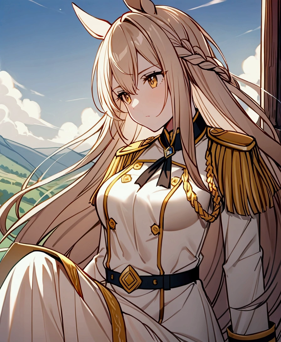 On the vast hills,The sun shines on a horse girl in a military uniform。She sat high on the hillside,Looking into the distance。Her military style is simple and solid,The fabric has a slightly faded earthy color.,Minor wear and tear,Shows the vicissitudes she experienced in the war。The epaulettes and cuffs of the uniform are decorated with delicate gold embroidery,Indicating her rank and honor。
Her musket rested firmly against her leg.,The gun body is simple and solid,The wooden buttstock is beautifully engraved with patterns。The matchlock of the musket is quietly wound around the side of the gun.,Ready to ignite at any time。The barrel is slightly white,Revealing traces of weathering。
The horse girl's long hair flutters gently in the wind,Hair color dark brown,Intricately braided hair,Some hair was blown by the wind,Adds a touch of dynamic beauty。Her face was firm and calm,The eyes reveal distant thoughts and worries。Her hands are long and strong,One hand gently holds the matchlock,The other hand is on the knee,Showing her confidence and composure as a warrior。
In the background,The hillside meadow is dotted with rocks and wildflowers.,The surrounding mountains,The skyline in the distance merges with the mountains。The sky is blue,A few white clouds floating in the sky,Create a peaceful and spacious atmosphere。Sunlight shining from the side,Giving her uniform and face a golden glow。
This image captures Umamusume as a brave warrior,She is in military uniform,Hold the matchlock gun,Sitting on the hill,Staring into the distance with firm eyes,As if looking forward to the future or waiting for the upcoming challenges。