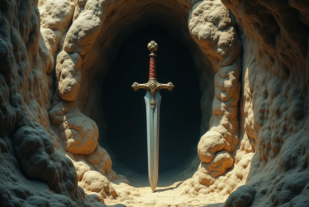 It is believed to be located in the Grotto of the Virgin of the Rocks painted by Leonardo da Vinci.、The sword stuck in the legendary rock(one Crusader Sword、It is said that only those with pure hearts can escape.、 ((Anatomically correct,Surrealism, uhd, retina, accurate, anatomically correct, textured skin, super detail, high details, best quality, 8k))
