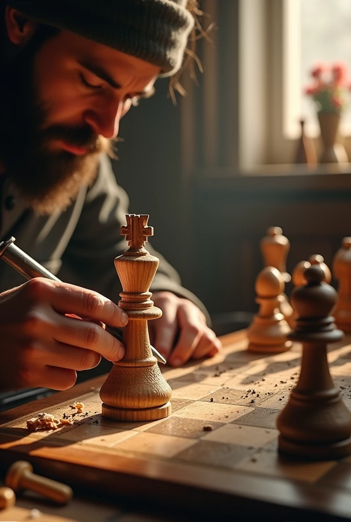 carving a chess piece And next to that a chess board with the other pieces