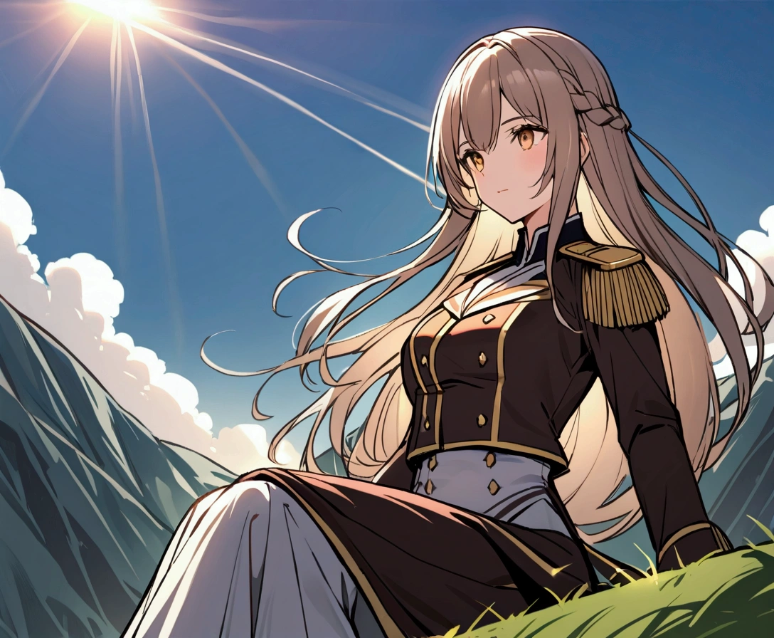 On the vast hills,The sun shines on a horse girl in a military uniform。She sat high on the hillside,Looking into the distance。Her military style is simple and solid,The fabric has a slightly faded earthy color.,Minor wear and tear,Shows the vicissitudes she experienced in the war。The epaulettes and cuffs of the uniform are decorated with delicate gold embroidery,Indicating her rank and honor。
Her musket rested firmly against her leg.,The gun body is simple and solid,The wooden buttstock is beautifully engraved with patterns。The matchlock of the musket is quietly wound around the side of the gun.,Ready to ignite at any time。The barrel is slightly white,Revealing traces of weathering。
The horse girl's long hair flutters gently in the wind,Hair color dark brown,Intricately braided hair,Some hair was blown by the wind,Adds a touch of dynamic beauty。Her face was firm and calm,The eyes reveal distant thoughts and worries。Her hands are long and strong,One hand gently holds the matchlock,The other hand is on the knee,Showing her confidence and composure as a warrior。
In the background,The hillside meadow is dotted with rocks and wildflowers.,The surrounding mountains,The skyline in the distance merges with the mountains。The sky is blue,A few white clouds floating in the sky,Create a peaceful and spacious atmosphere。Sunlight shining from the side,Giving her uniform and face a golden glow。
This image captures Umamusume as a brave warrior,She is in military uniform,Hold the matchlock gun,Sitting on the hill,Staring into the distance with firm eyes,As if looking forward to the future or waiting for the upcoming challenges。