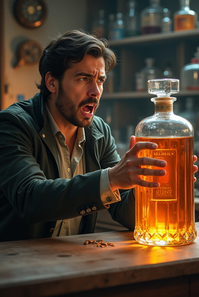 Master perfumer sitting from afar shouting and that the giant bottle the young man has in his hands is alcohol