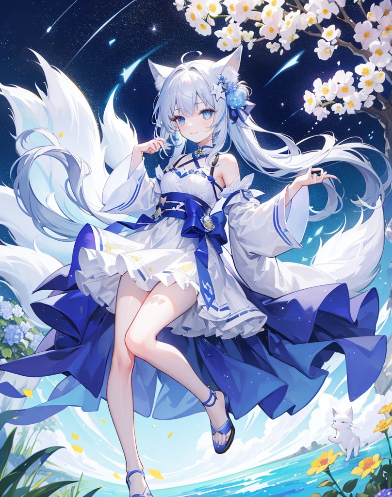 32k, highest quality, expensive_solve, clear_image, detailed background, cute girl, flower, garden, starry sky, Beautiful modeling, smile, neko ears, white fox tail. Both ears and tails are white With blue tips