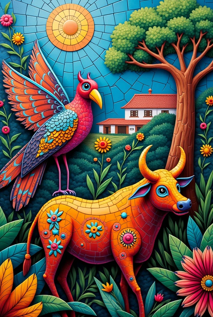 Make an illustration of a mosaic using a painting by Fernando Llordt, Salvadoran artist with palmeño style, He uses the national symbols of El Salvador, such as: the little painted bull, the torogoz, The maquilishuat tree and Salvadoran culture
