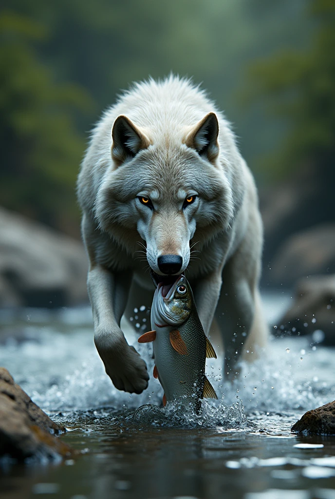 A wolf sitting in the river catching a fish