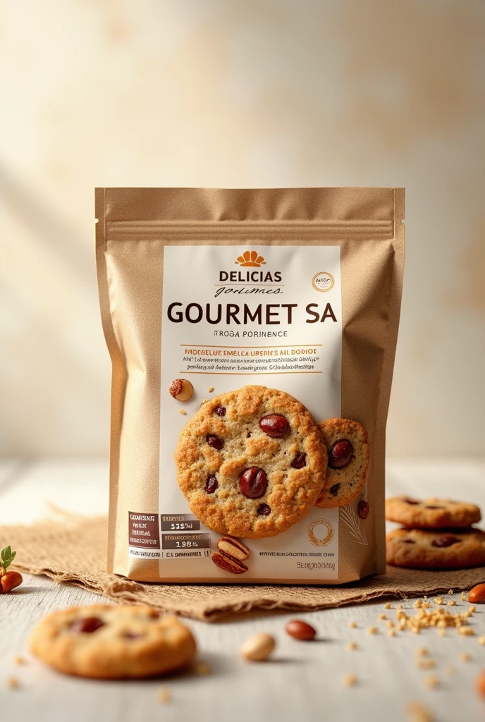 (photorealism:1.2), Propose a graphic design of a company called "DELICIAS GOURMET SA" which specializes in whole wheat cookies with nuts, several small horizontal packages, 138 g cookies, that is most attractive to the target consumer, that conveys the image of a healthy product and complies with labeling regulations (nutritional information, ingredients, etc.) SMALL PACKAGE WITH 6 UNITS OF COOKIES 138 G