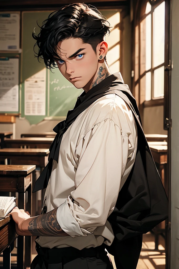 a young man with short black hair, wearing a schoolboy outfit, holding a wand, has a wizard-like appearance with an animal tattoo, has blue eyes and a grumpy look, in a medieval-style classroom, at a magic school