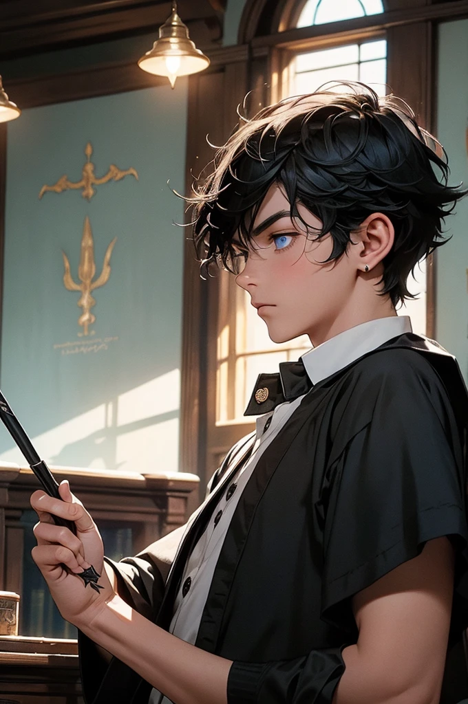 a young man with short black hair, wearing a schoolboy outfit, holding a wand, has a wizard-like appearance with an animal tattoo, has blue eyes and a grumpy look, in a medieval-style classroom, at a magic school