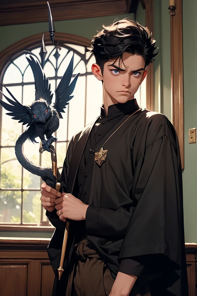 a young man with short black hair, wearing a schoolboy outfit, holding a wand, has a wizard-like appearance with an animal tattoo, has blue eyes and a grumpy look, in a medieval-style classroom, at a magic school