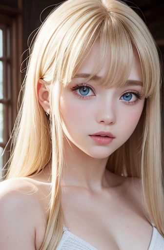 Beautiful glowing white skin、Blonde hair discolors when exposed to light、Long bangs obstruct the view、Highlights of cheek luster、Sexy, very beautiful, lovely, cute, gorgeous face、The most beautiful face in the world、The most beautiful super long gorgeous blonde hair in the world、Smooth straight hair、big, Sparkling bright light blue eyes、Beautiful Bangs、Beautiful 13 year old Swedish babe、(whole body、One piece swimsuit)、