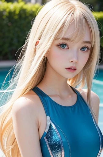 Beautiful glowing white skin、Blonde hair discolors when exposed to light、Long bangs obstruct the view、Highlights of cheek luster、Sexy, very beautiful, lovely, cute, gorgeous face、The most beautiful face in the world、The most beautiful super long gorgeous blonde hair in the world、Smooth straight hair、big, Sparkling bright light blue eyes、Beautiful Bangs、Beautiful 13 year old Swedish babe、(whole body、One piece swimsuit)、