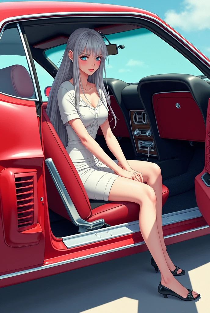 Elizabeth from the 7 deadly sins with great features in a 69 Ford Mustang do it as a drawing