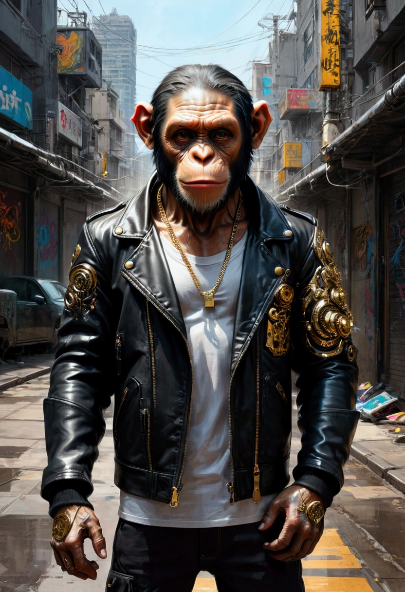 1boy, black leather jacket, Chimpanzee head, wide angle full length photo of a cyberpunk chimpanzee wearing DJ headphones, tick gold neckless, intricate, detailed, hairy body, dynamic pose, a panoramic view of a cyberpunk street in the background, intricate detailed, cinematic production still, RAW photo, digital illustration, graffiti art, splash art, street art, spray paint, oil gouache melting, acrylic, high contrast, colorful polychromatic, ultra detailed, ultra quality, CGSociety, masterpiece, best quality, very aesthetic, absurdres