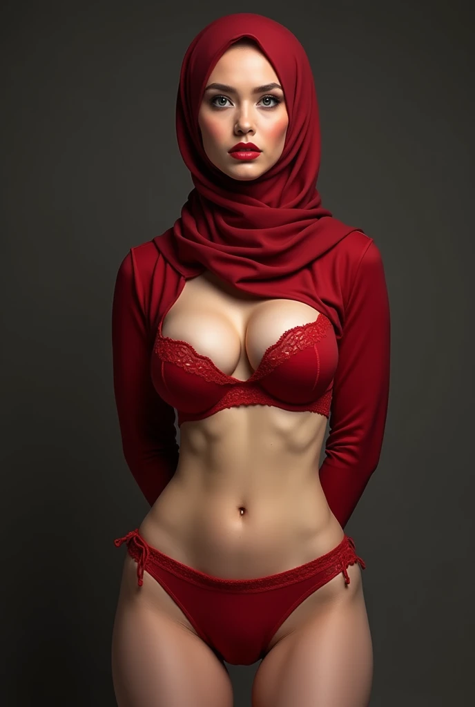 hijab girl,massive chest,underwear,hands behind,red bra and panties,massive hips