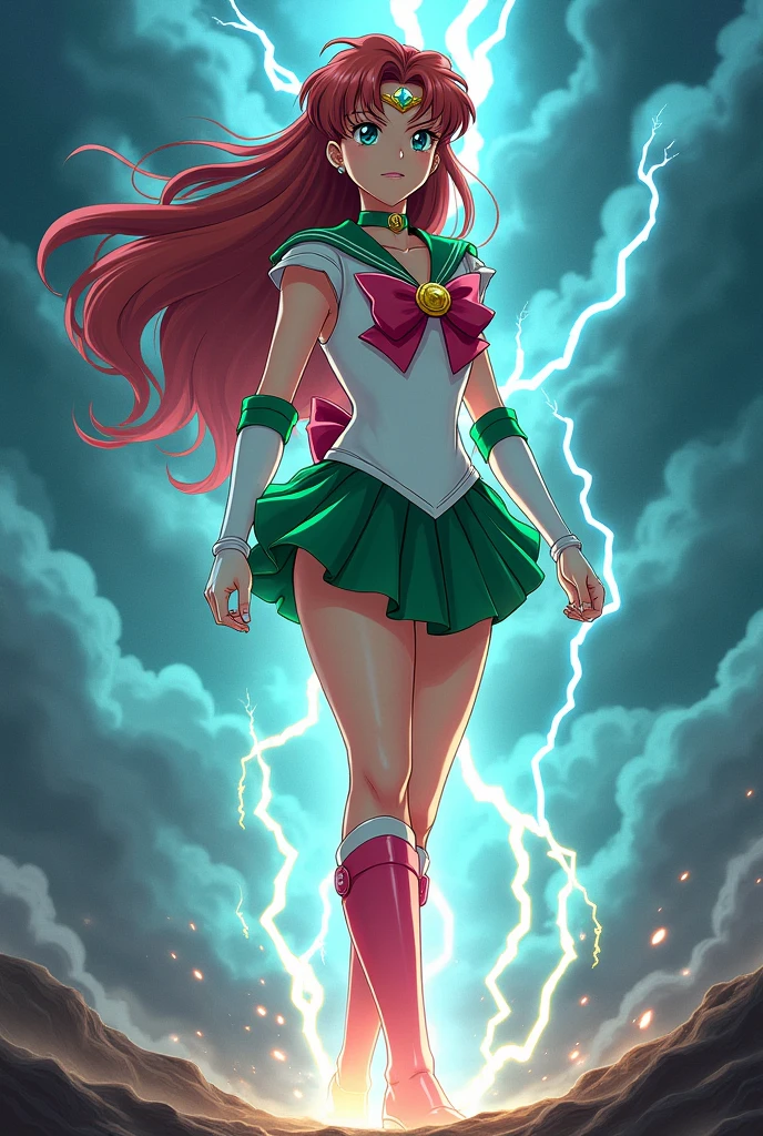 Sailor Jupiter resonating thunder, in the background a cloudy sky with black clouds releasing lightning