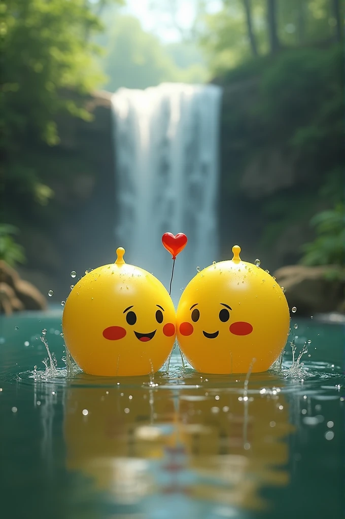 **Image Prompt**:
"A serene, forested area with a cascading waterfall in the background, where droplets of water fall from delicate strands, creating ripples as they touch the surface below. Large smiley-face balloons, with droplets clinging to their bright yellow surface, float serenely, their expressions radiating happiness. One of the balloons is prominently placed in the foreground, with a small red heart above it, suggesting a sense of affection or love."
**Love Story**:
In a magical forest, there lived a group of smiley-face balloons. Each day, they would gather near a sparkling waterfall, their bright yellow faces reflecting the joy they brought to the world. Among them was one balloon that was different—its smile was a little brighter, its eyes a little softer. It was in love.
Every morning, as the sun's rays filtered through the leaves, this special balloon would gaze at another balloon across the waterfall. They had never spoken, but the way the droplets of water danced between them felt like the beginning of something beautiful.
One day, as the droplets fell in perfect rhythm, a tiny red heart appeared above the loving balloon. It floated closer to the other balloon, the heart leading the way. The two balloons met in the middle of the stream, where the water's touch sent ripples of excitement through them both. As they floated together, their smiles grew wider, and the heart between them glowed brighter.
In the gentle embrace of the forest, with the waterfall singing its eternal lullaby, the two balloons danced in the air, forever bound by the magic of love. And from that day on, their love story became a legend, a tale whispered by the trees and carried by the wind, reminding everyone that love finds its way, even in the most unexpected places.