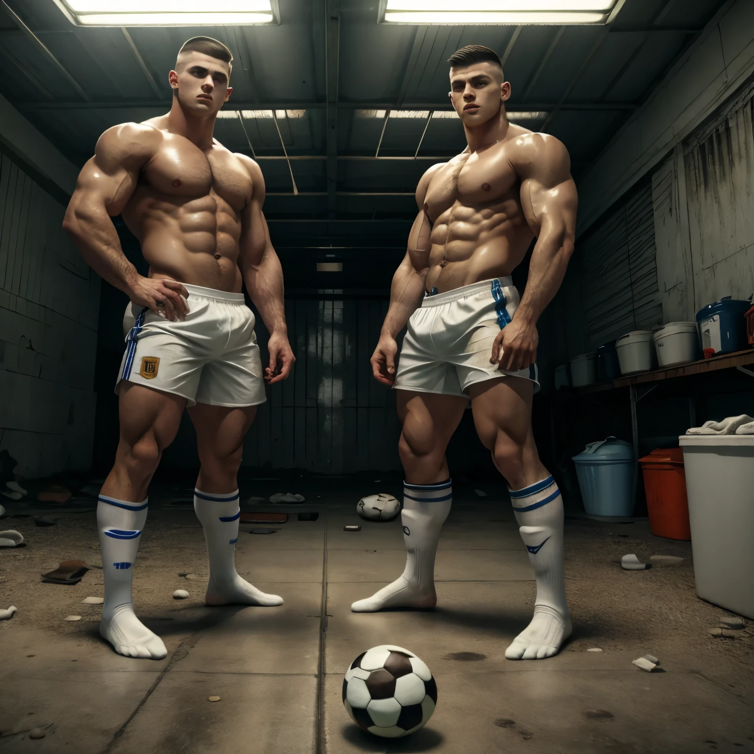 full body view, two european white boys with clean shaved undercut haircuts, crying , prisoners in a huge cage, wearing soccer jerseys, soccer shorts, in their white filthy soccer socks, no shoes, in a huge dark room looking like an abandoned garage, showing off their filthy white socks, no shoes