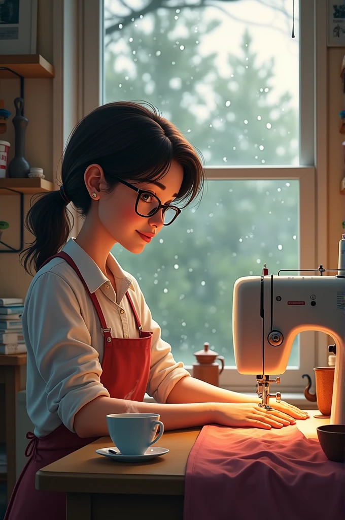 A brunette seamstress, chubby girl, with glasses, Medium hair, dark brown color, sitting sewing on the sewing machine with a coffee and in front of a window where you can see the rain