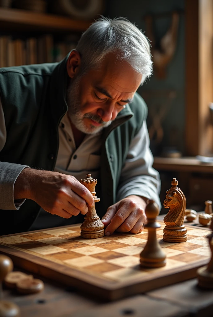  carving a chess piece And next to that a chess board with the other pieces 