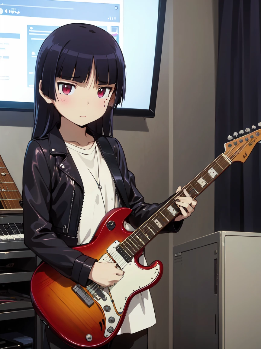 (ruri gokou), , alone, Hime cut, Mole under the eye, Red eyes, (Black Leather Jacket), Punk Style, concert, Behind the Scenes, guitar, concertホールのBehind the Scenes, Equipment lined up,
Dim lighting, Smoke drifts,
guitarを持つ, Spread your legs a little,