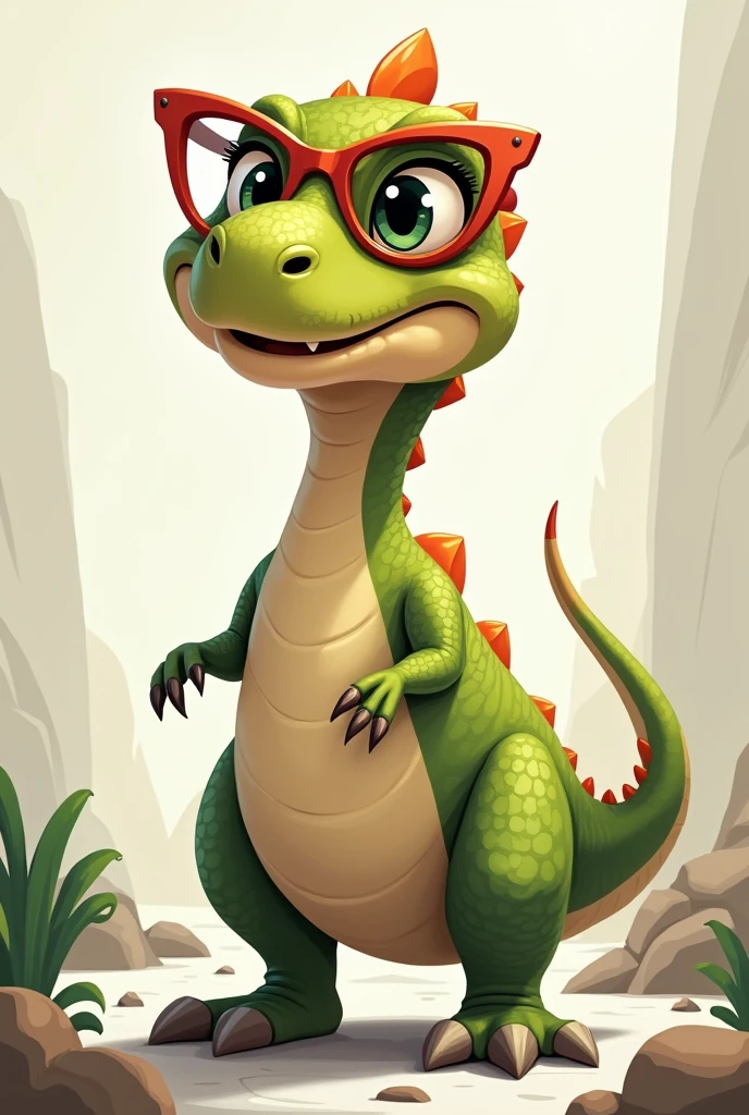 Dino character from the dinosaur family wearing cat eye glasses