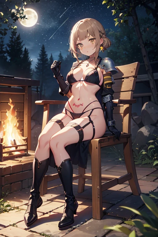 full_body,armor_bikini,armor_gloves,armor_boots,garter_belt,necklace,earrings,pubic_tatoo,moonlight,starlight,forests,stary_sky,beautiful_sky,beautiful_forests,fog,blush,night,campfire,sitting_on_chair,beautiful_black_and_bronde_multicolored_hair,beautiful_yellow_eyes,1_beautiful_girl,cute_face,pretty_face,beautiful,perfect_quality,perfect_anatomy,perfect_body,masterpiece,