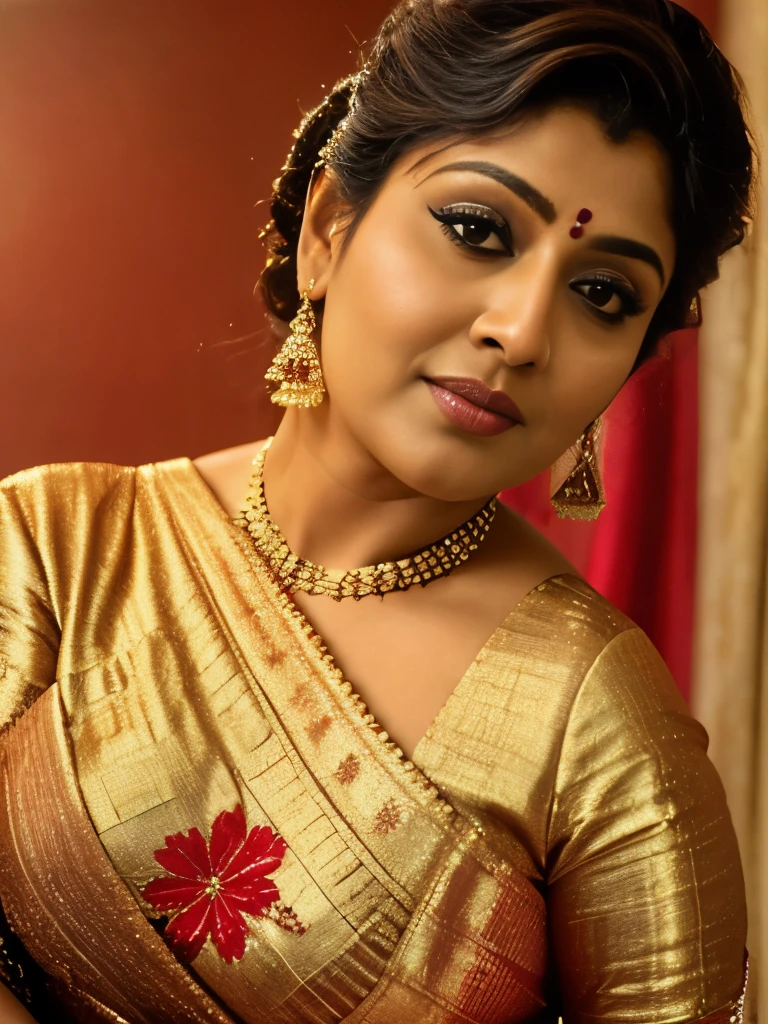 Looks like Indian Actress Nayanthara, actress Nayanthara, mallu, mallu aunty, desi aunty, full figured mature beauty, attractive figure, 48 years old, desi milf, desi aunty, a close up of a woman in a red dress in a bedroom, inspired by Avigdor Arikha, sleek!!!, indian super model, wavy hair combed to one side, actress, by Jitish Kallat, smoldering, intense smoldering, fashion, an angel, print ready, with a dramatic looking, inspired by Sudip Roy, seductive look