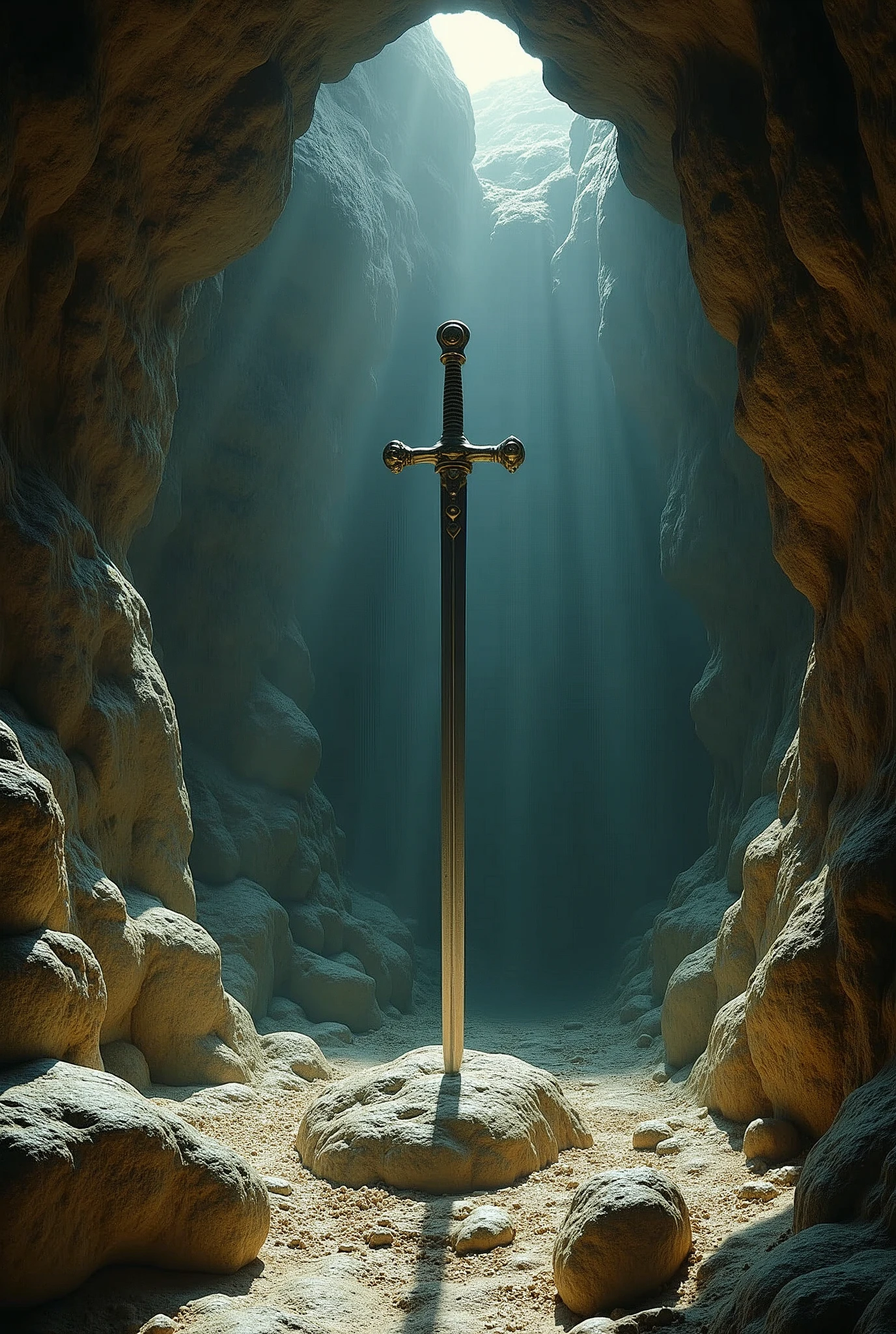 It is believed to be located in the Grotto of the Virgin of the Rocks painted by Leonardo da Vinci.、The sword stuck in the legendary rock（one Crusader Sword)、It is said that only those with pure hearts can escape.、 ((Anatomically correct,Surrealism, uhd, retina, accurate, anatomically correct, textured skin, super detail, high details, best quality, 8k))