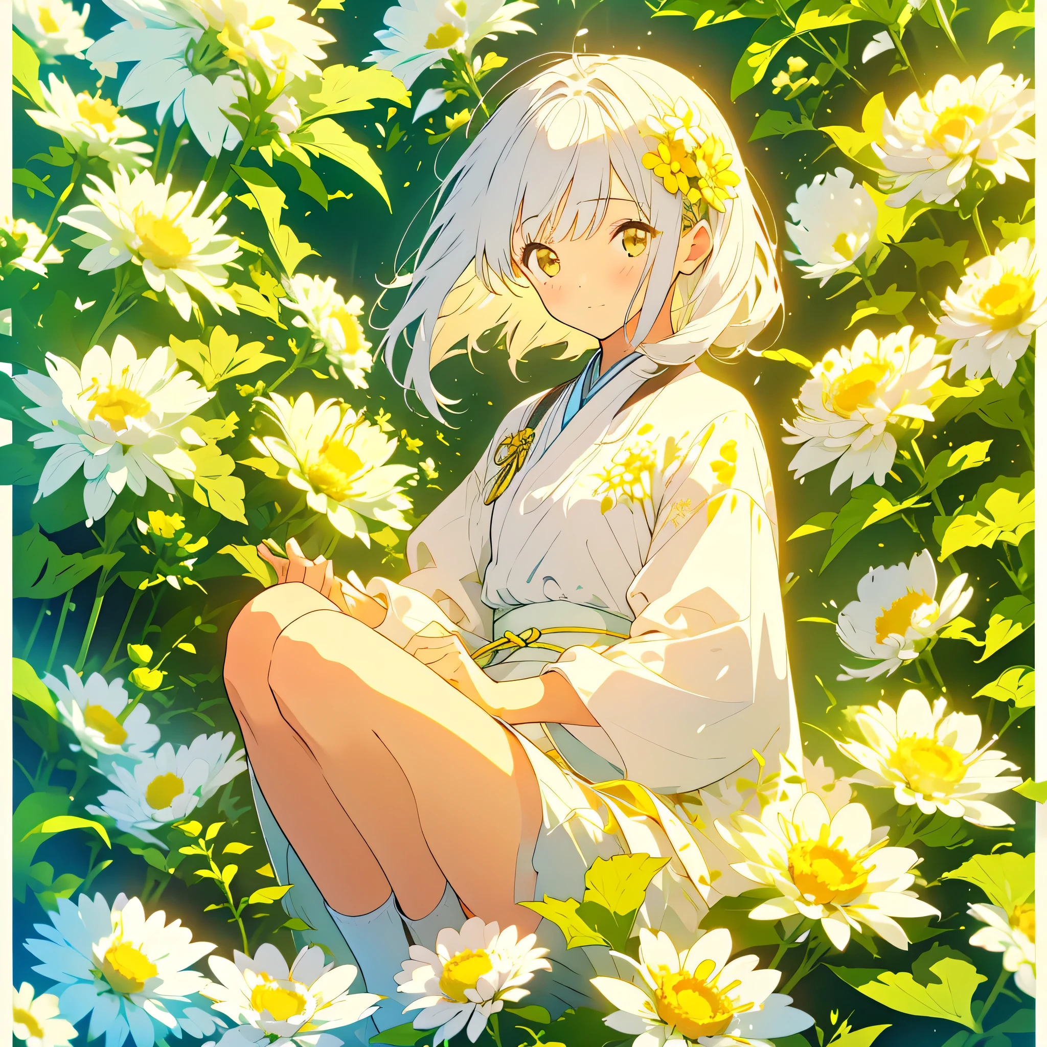 A girl on a hill with tiny white chrysanthemums with yellow centers at her feet、foreign country、Detailed facial expressions
