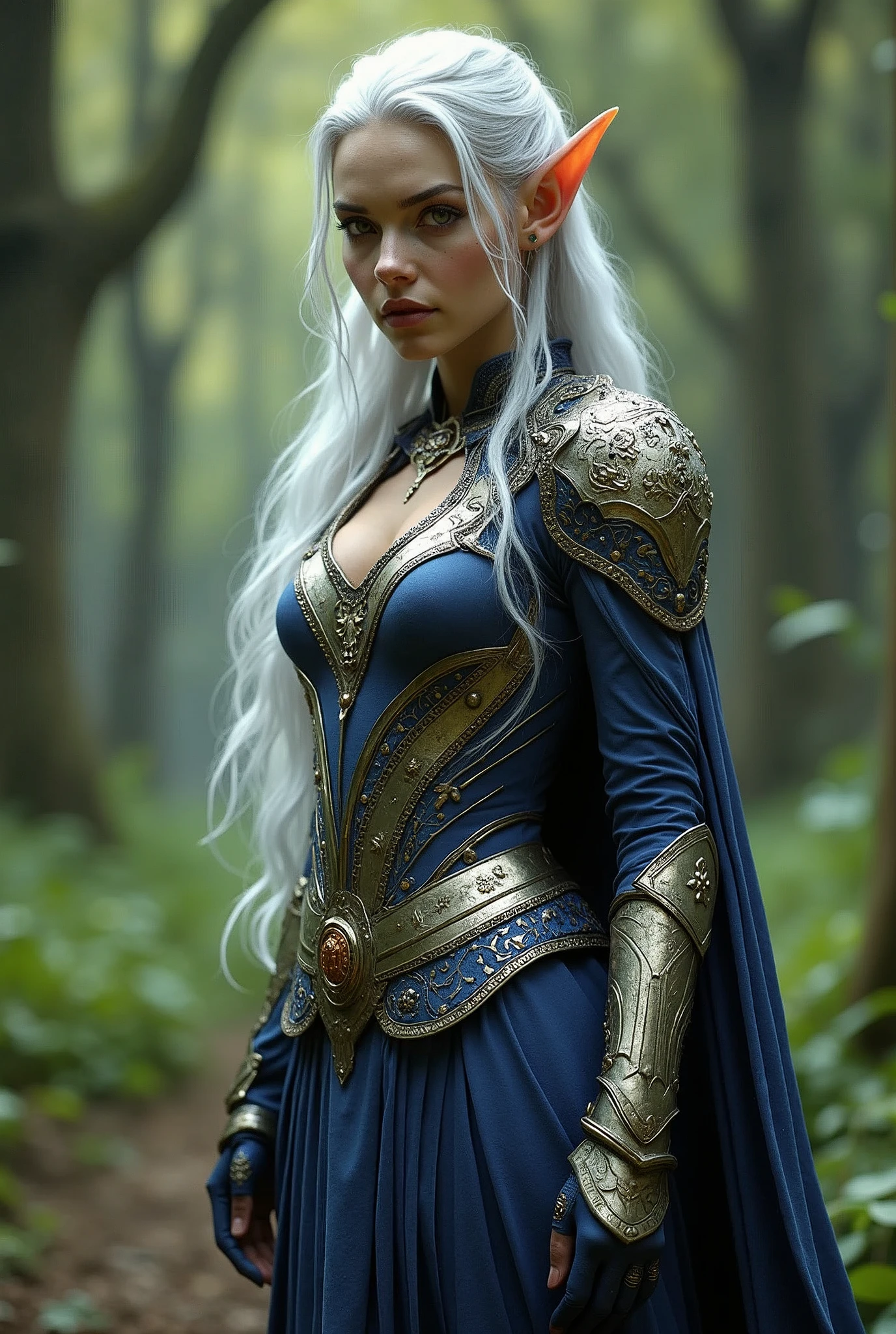 (Realistic:1.2), Beautiful woman, elf female, "Lord of the Rings" style, blue gold white purple armor, neckline, short skirt, full body shot, ultra detailed face, silver hair, forest background, mysterious aura, epic analog photo, faded, ((neutral colors)),(hdr:1.5), (muted colors:1.2), hyperdetailed, cinematic, warm lights, dramatic light, (intricate details:1.1), colorfull, (natural skin texture, hyperrealism, soft light, sharp:1.2), (intricate details:1.12), hdr, (intricate details, hyperdetailed:1.15)
