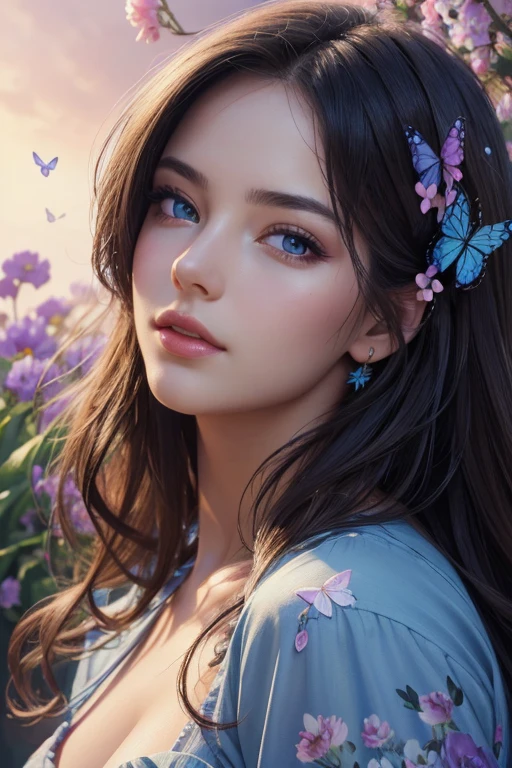A beautiful woman in a tranquil blue garden, (best quality,4k,8k,highres,masterpiece:1.2),ultra-detailed,(realistic,photorealistic,photo-realistic:1.37),HDR,UHD,studio lighting,ultra-fine painting,sharp focus,physically-based rendering,extreme detail description,professional,vivid colors,bokeh,beautiful detailed eyes,beautiful detailed lips,extremely detailed eyes and face,longeyelashes,1girl,oil painting,peaceful atmosphere,flowers,butterfly,soft blue lighting