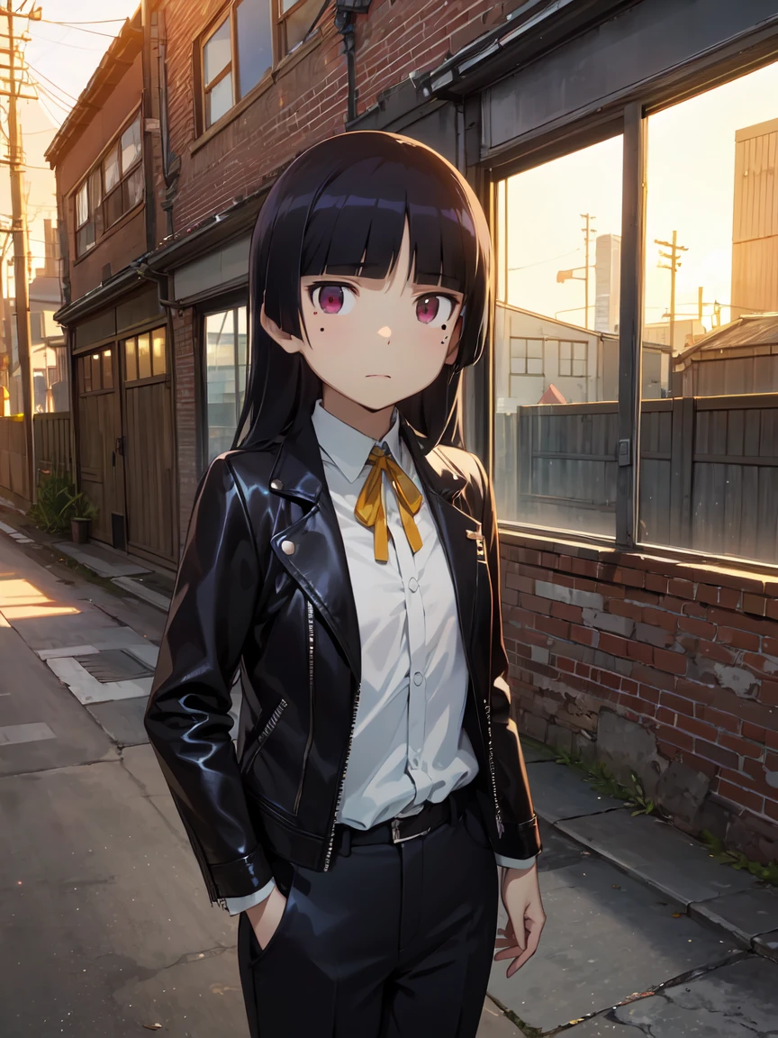  (ruri gokou), , alone, Hime cut, Mole under the eye, Red eyes, (Black Leather Jacket), Dilapidated Factory, Rusted iron骨, Broken window,
sunsetの薄明かり, Shadows are emphasized,
Leaning against a wall, Crisp eyes,
Black Leather Jacket, Punk Style, ruins, sunset, Rusted iron
