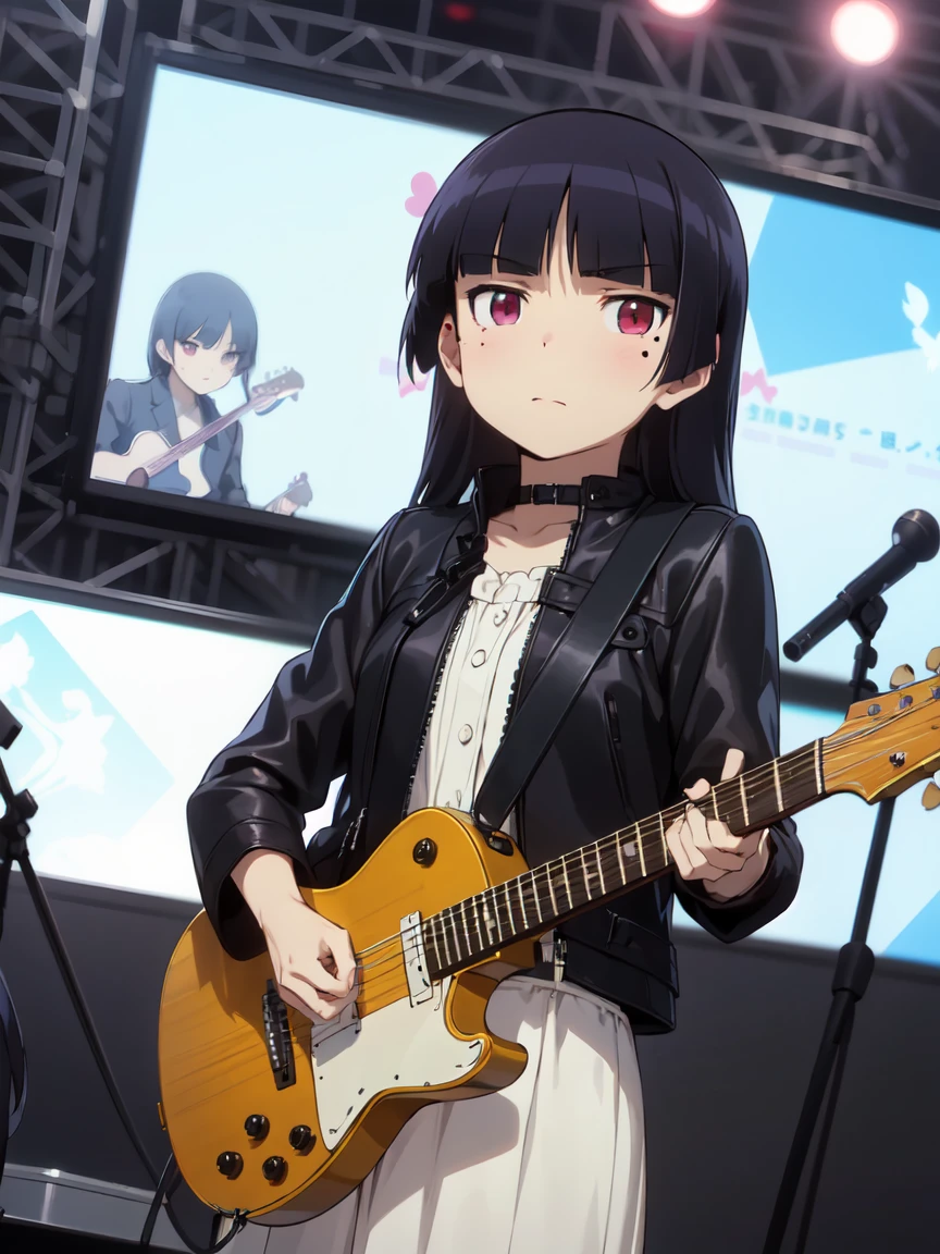 (ruri gokou), , alone, Hime cut, Mole under the eye, Red eyes, (Black Leather Jacket), Punk Style, concert, Behind the Scenes, guitar, concertホールのBehind the Scenes, Equipment lined up,
Dim lighting, Smoke drifts,
guitarを持つ,