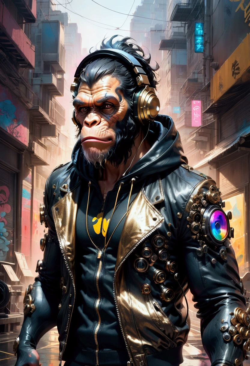 1boy, black leather jacket, Chimpanzee head, wide angle full length photo of a cyberpunk chimpanzee wearing DJ headphones, tick gold neckless, intricate, detailed, hairy body, dynamic pose, a panoramic view of a cyberpunk street in the background, intricate detailed, cinematic production still, RAW photo, digital illustration, graffiti art, splash art, street art, spray paint, oil gouache melting, acrylic, high contrast, colorful polychromatic, ultra detailed, ultra quality, CGSociety, masterpiece, best quality, very aesthetic, absurdres