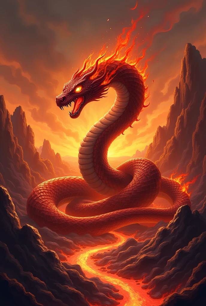 Design a 2D stylized design of 'Viper,' a serpent-like creature of the fire element. Viper should be coiled and ready to strike, with flames emanating from its scales. The background should feature a molten, lava-filled environment with fiery pits and glowing rocks, creating a dangerous and intense atmosphere that highlights the serpent's lethal nature. The scene should be both ominous and captivating, reflecting the danger of the fire element.